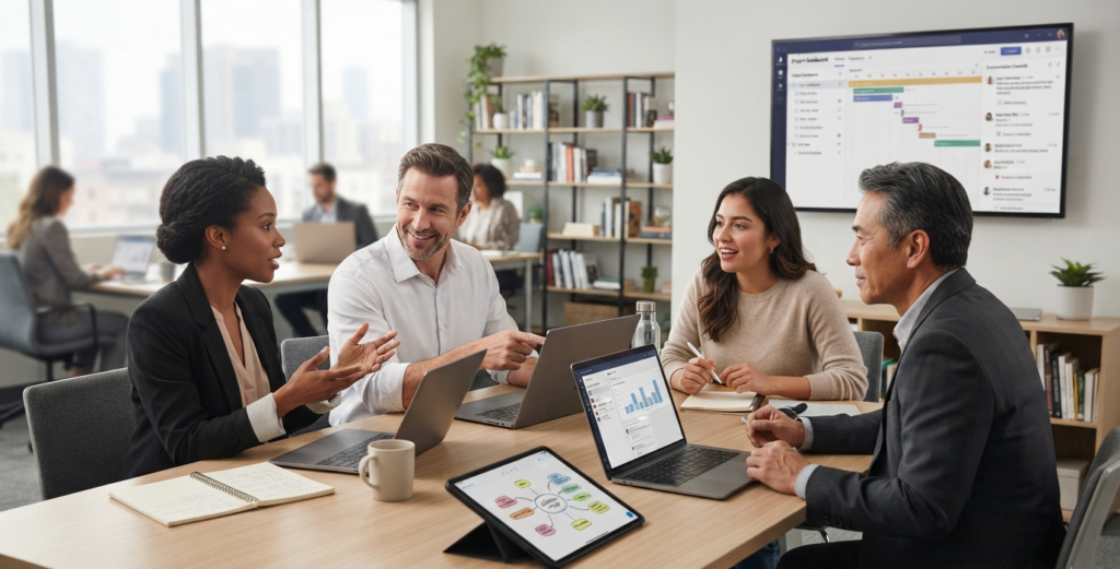 Small business team collaborating through digital communication tools