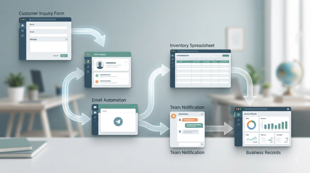 Business automation connecting digital tools and repetitive workflows